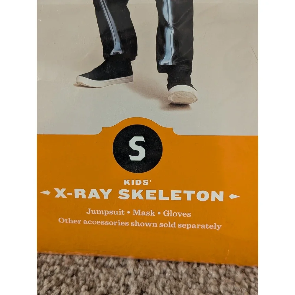 Kids X Ray Skeleton Costume‎ Jumpsuit Mask Gloves Halloween Spooky Size S NEW